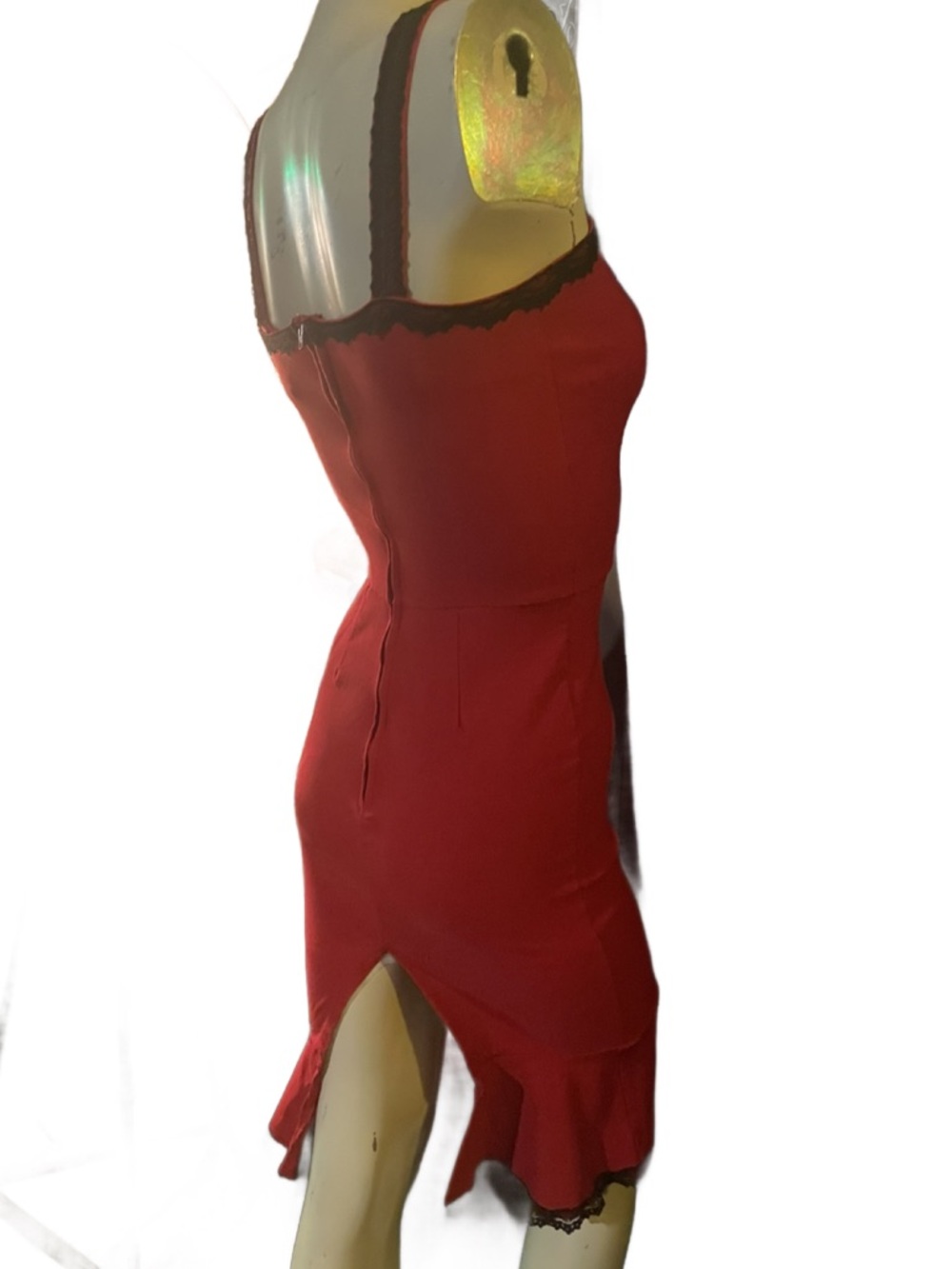 Red SWITCHBLADE STILETTO Midi pencil Dress with Black Lace Trim & flared bottom - Picture 4 of 10
